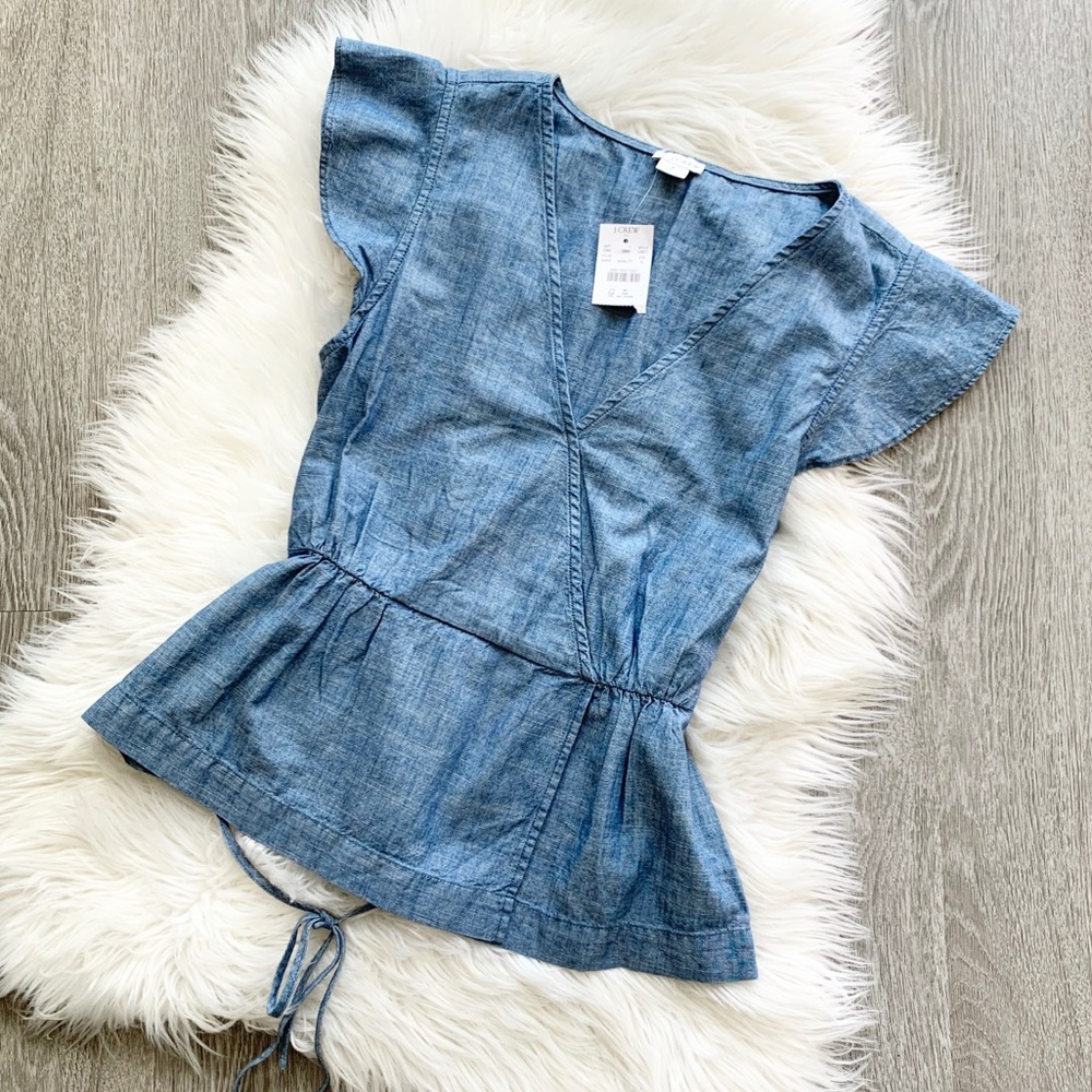 J Crew Chambray Flutter Sleeve Wrap Top | 8 | NWT